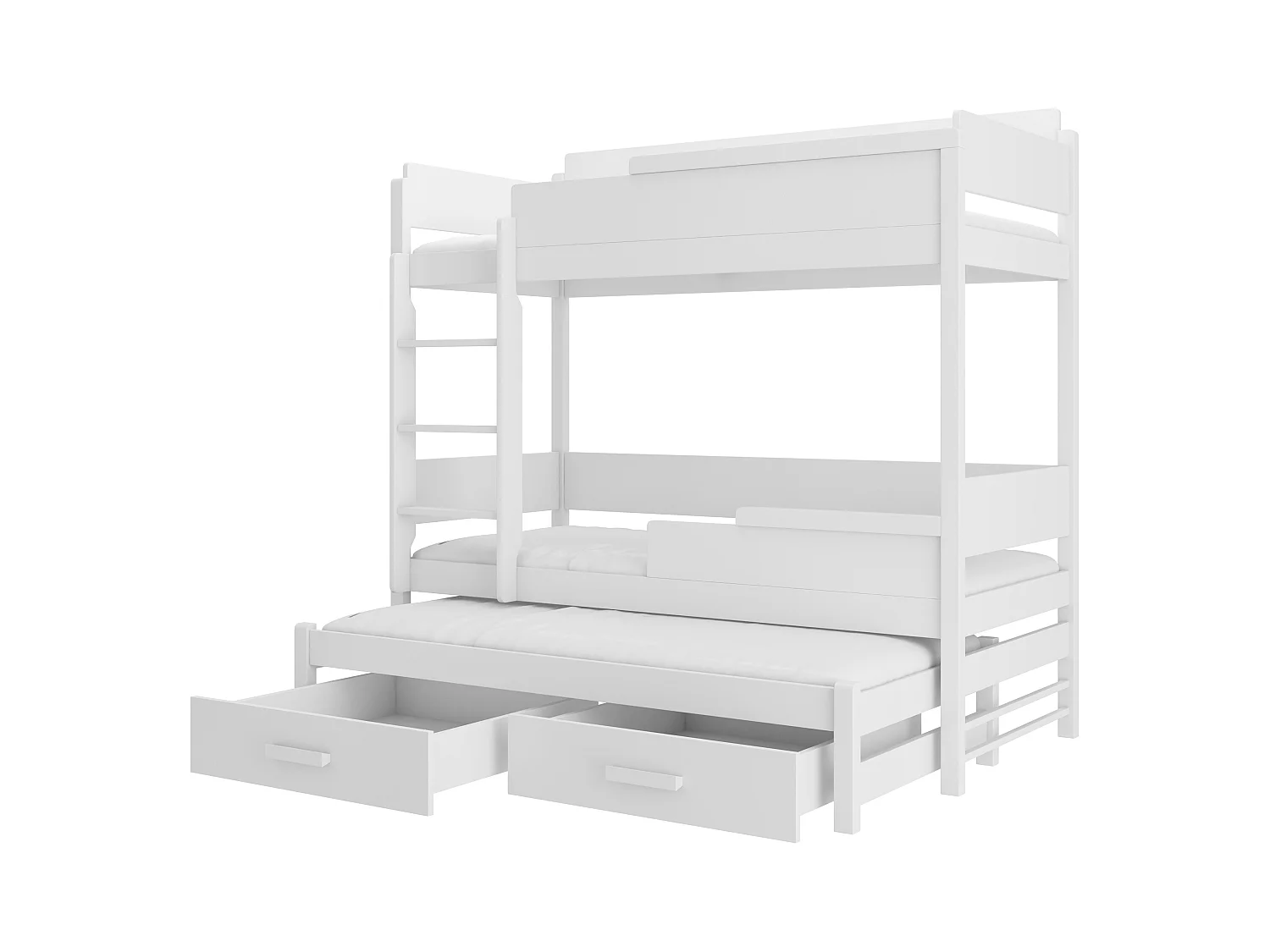 Lit superposé 3 places 90x200 KINZEY - 2 tiroirs de rangement et 3 sommiers-Blanc