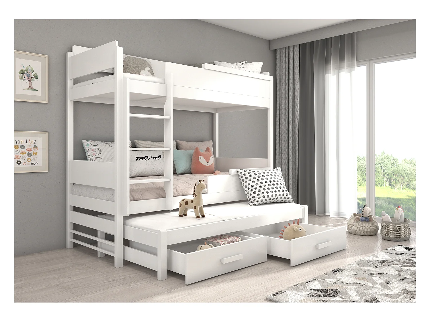 Lit superposé 3 places 90x200 KINZEY - 2 tiroirs de rangement et 3 sommiers-Blanc