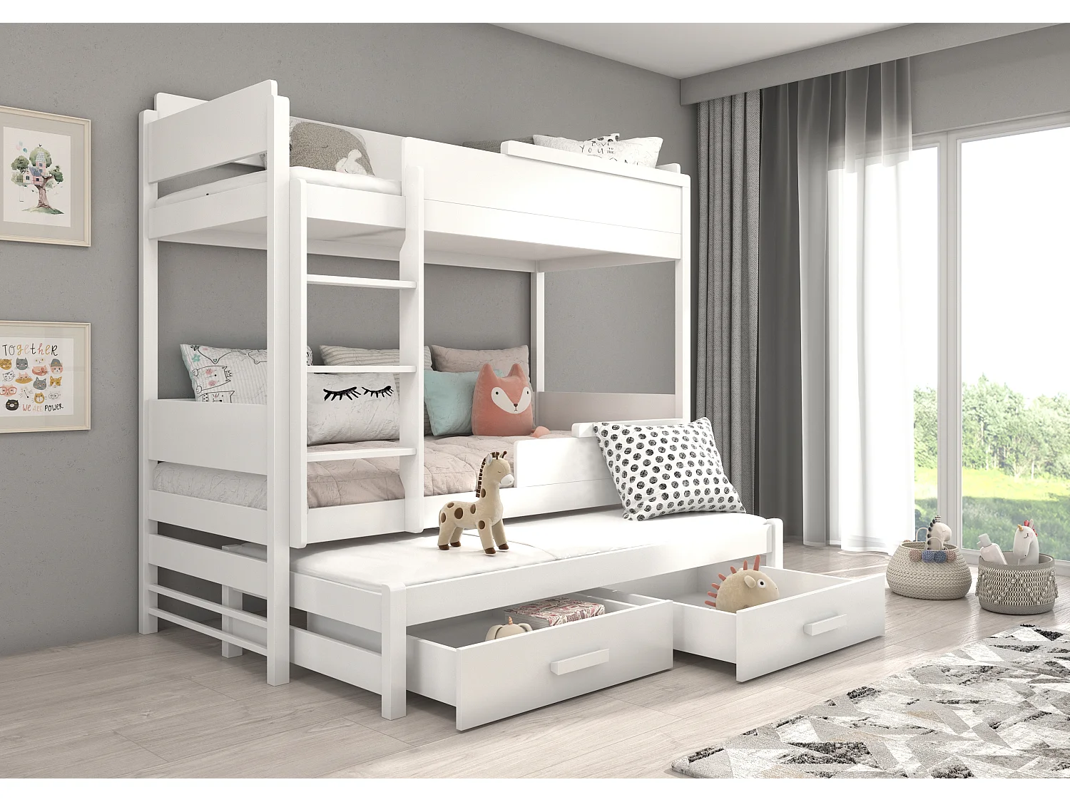 Lit superposé 3 places 90x200 KINZEY - 2 tiroirs de rangement et 3 sommiers-Blanc