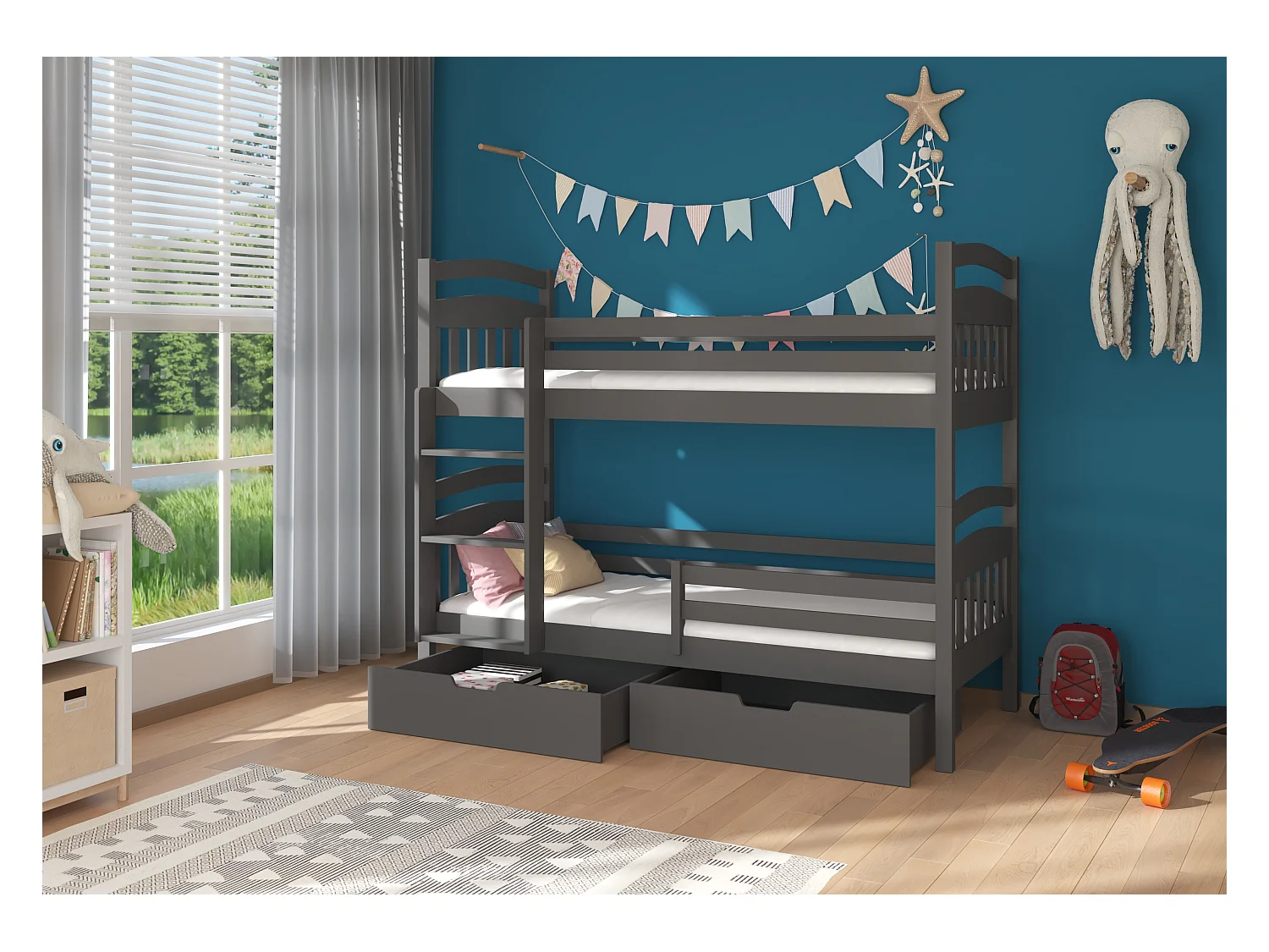 Lit superposé 2 places MADRA– 2 tiroirs de rangement et 2 sommiers-Gris-80x180