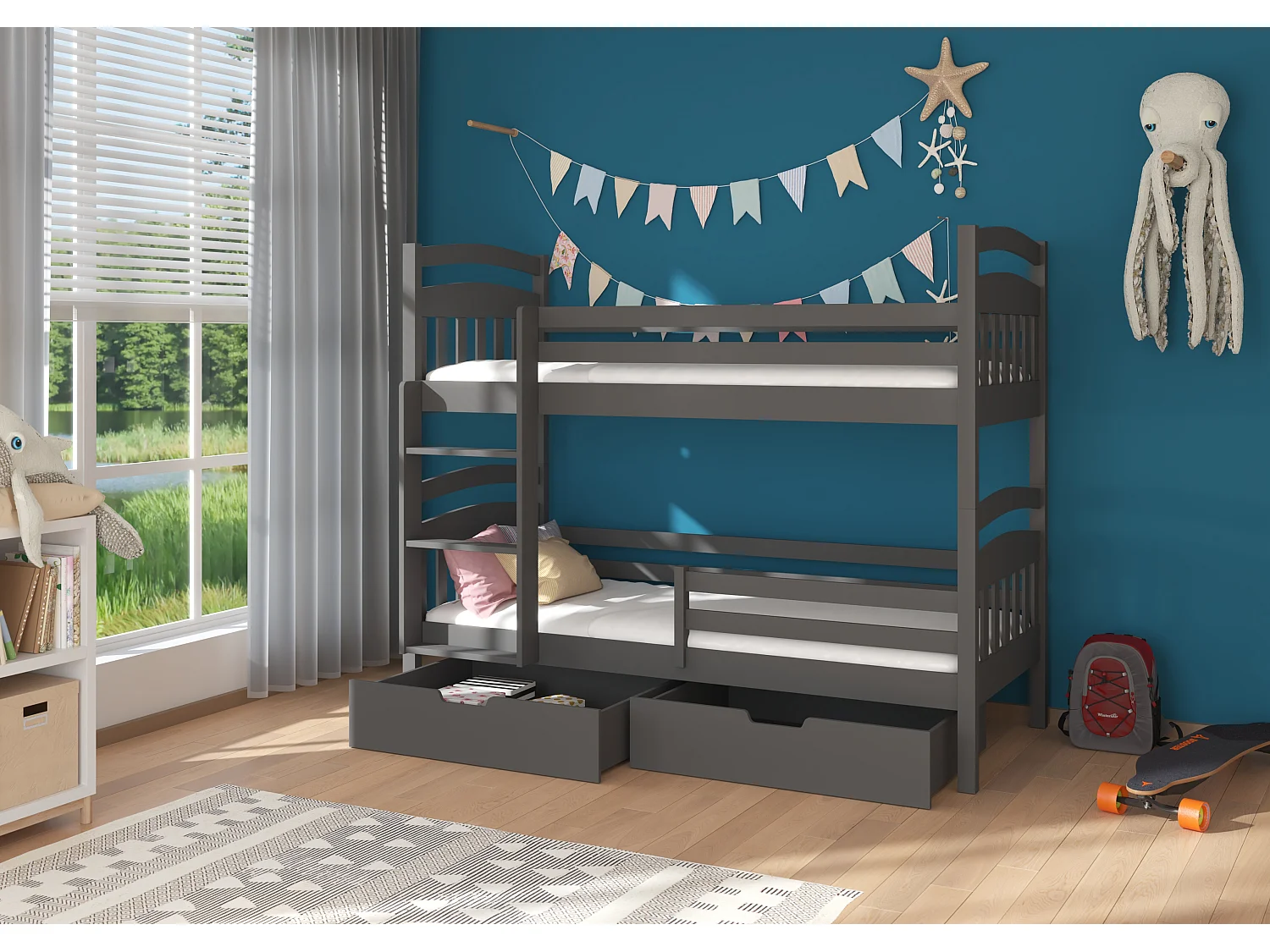 Lit superposé 2 places MADRA– 2 tiroirs de rangement et 2 sommiers-Gris-80x180