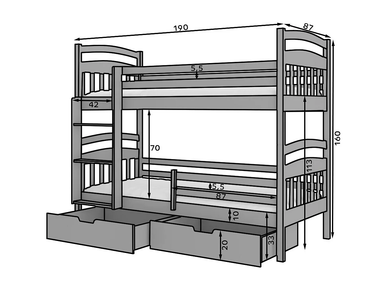 Lit superposé 2 places MADRA– 2 tiroirs de rangement et 2 sommiers-Gris-80x180