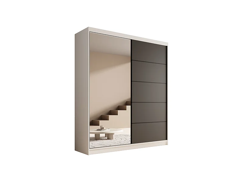 Armoire coulissante 2 portes KAROW 180 avec miroir – Meuble de rangement moderne-Blanc/Noir