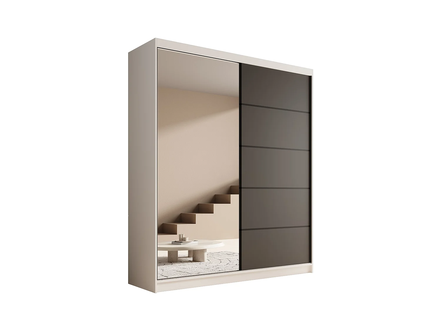 Armoire coulissante 2 portes KAROW 180 avec miroir – Meuble de rangement moderne-Blanc/Noir