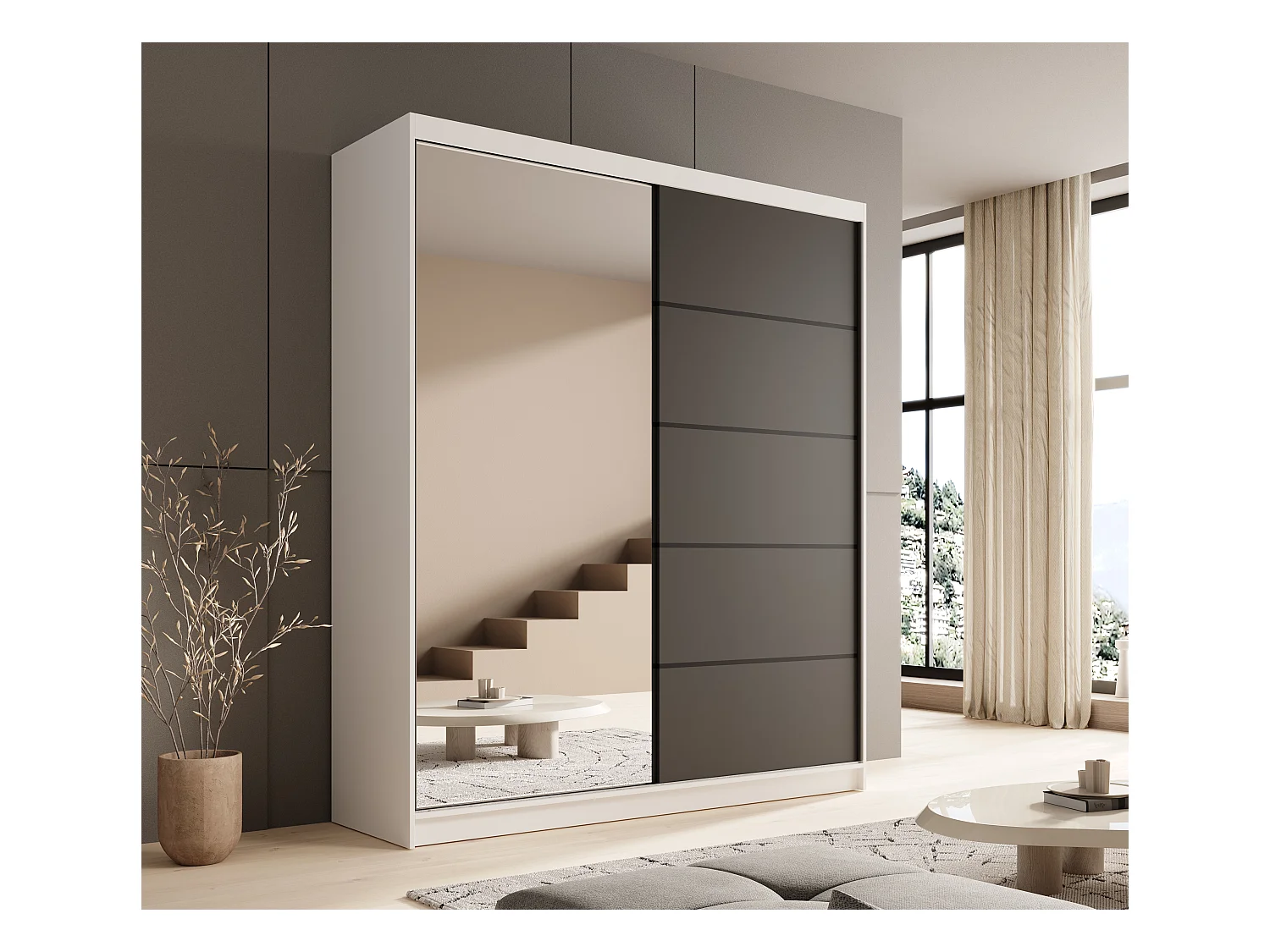 Armoire coulissante 2 portes KAROW 180 avec miroir – Meuble de rangement moderne-Blanc/Noir