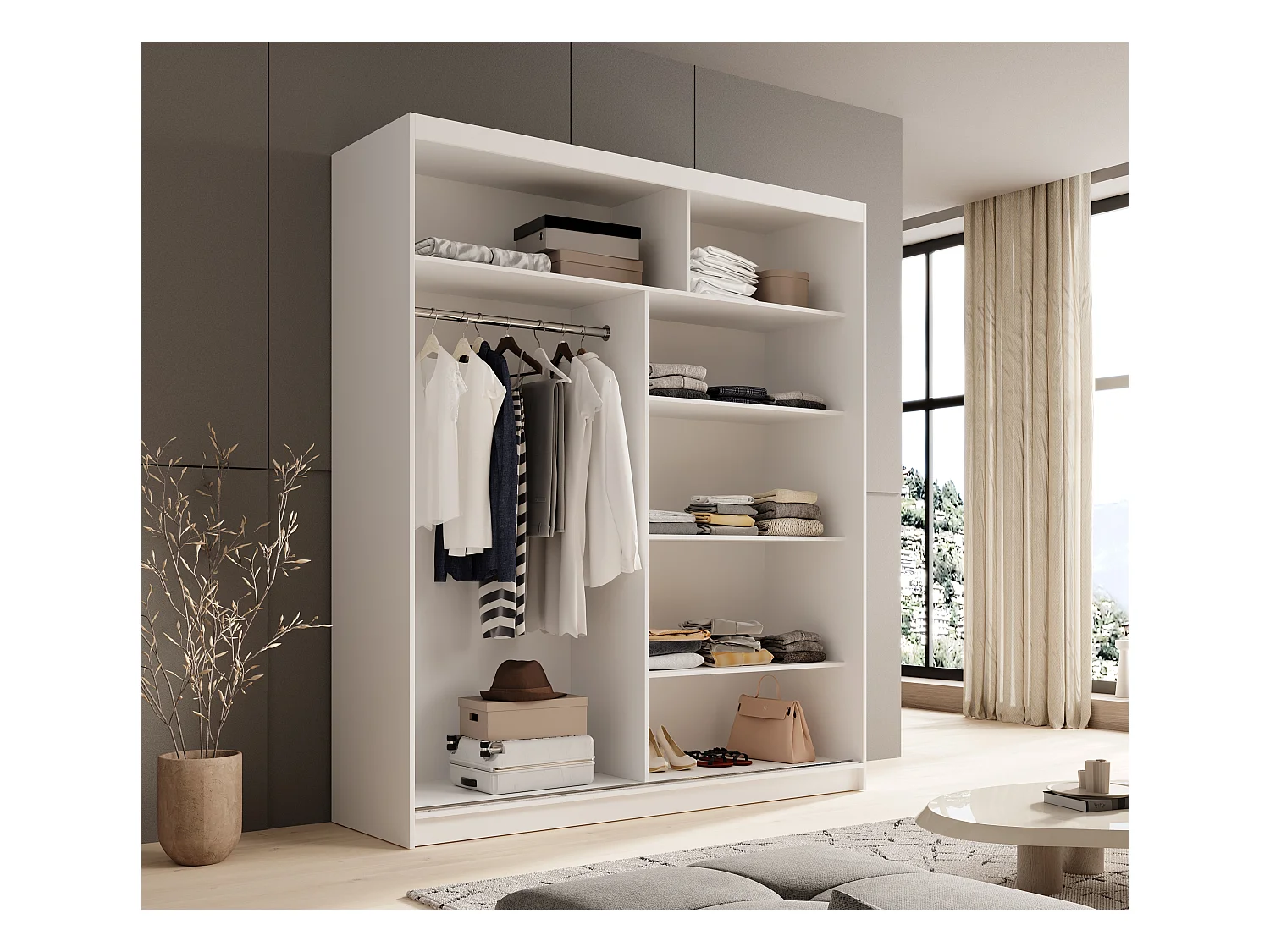 Armoire coulissante 2 portes KAROW 180 avec miroir – Meuble de rangement moderne-Blanc/Noir