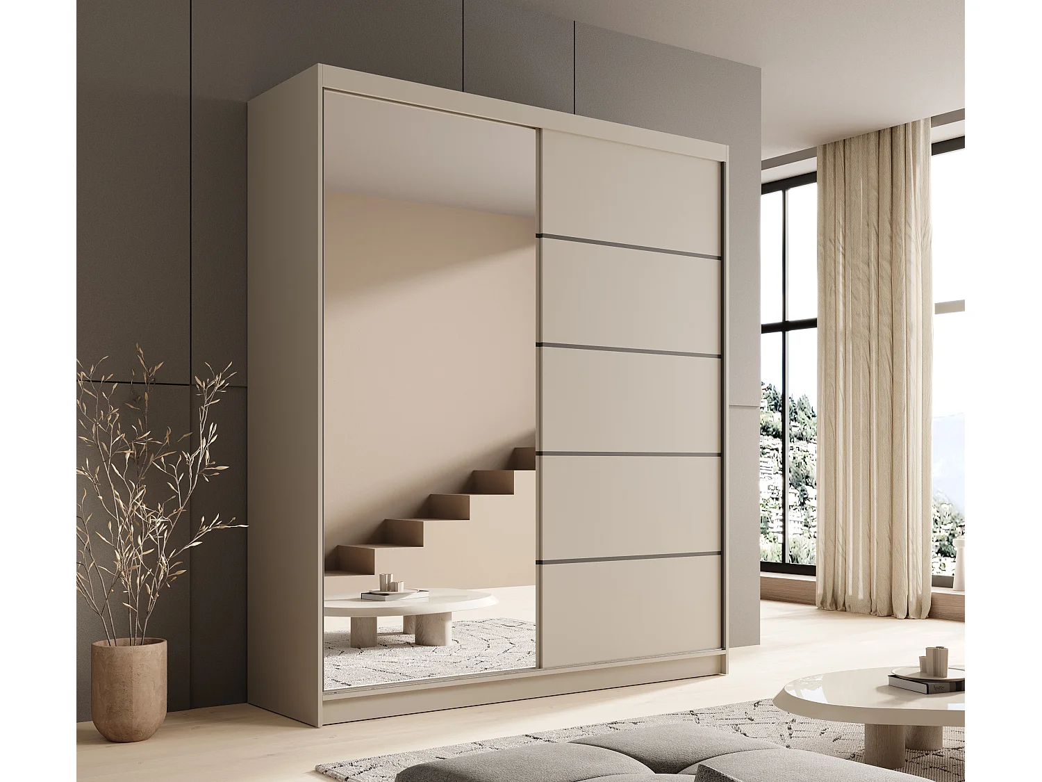 Armoire coulissante 2 portes KAROW 180 avec miroir – Meuble de rangement moderne-Blanc/Noir