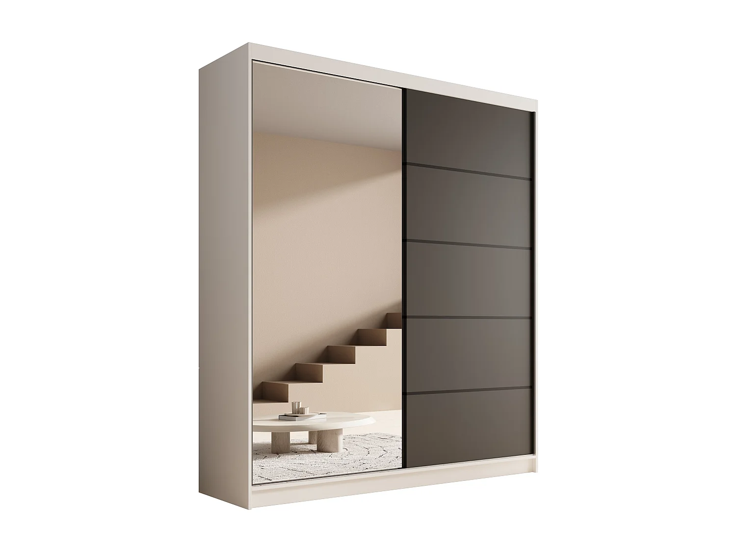 Armoire coulissante 2 portes KAROW 180 avec miroir – Meuble de rangement moderne-Blanc/Noir
