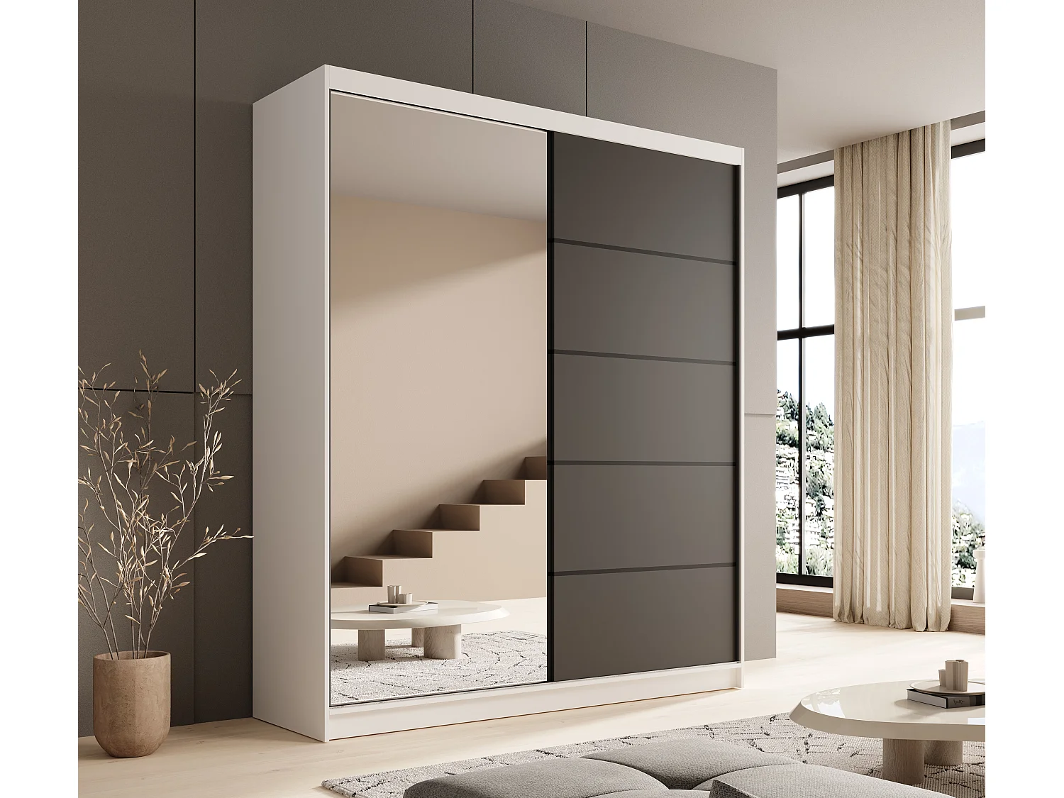 Armoire coulissante 2 portes KAROW 180 avec miroir – Meuble de rangement moderne-Blanc/Noir