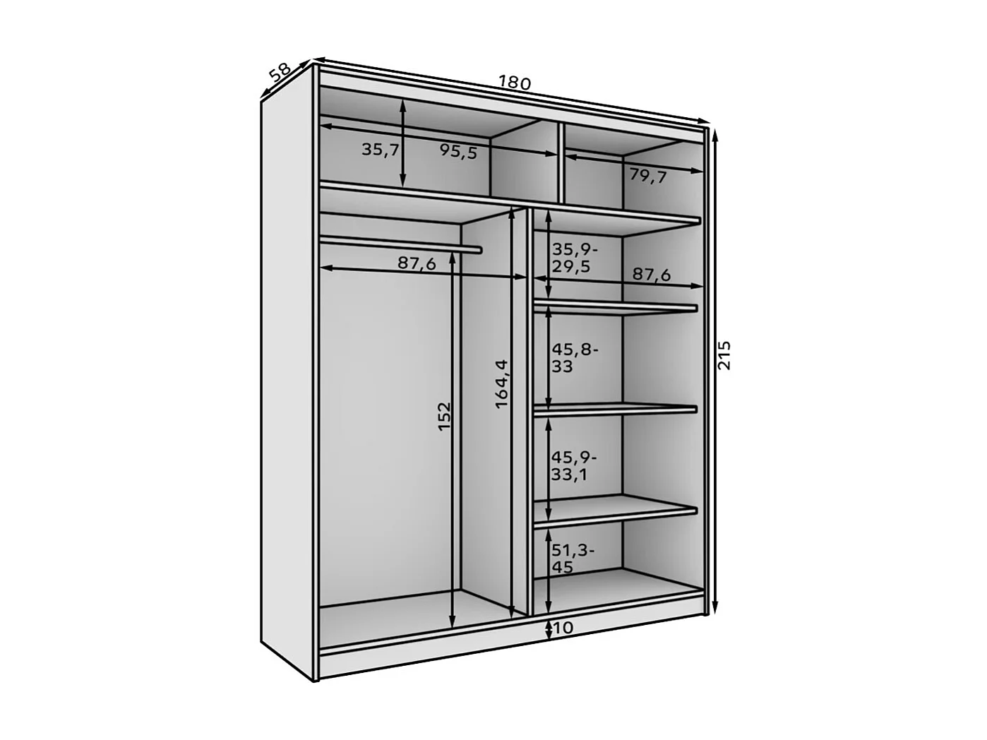 Armoire coulissante 2 portes KAROW 180 avec miroir – Meuble de rangement moderne-Blanc/Noir