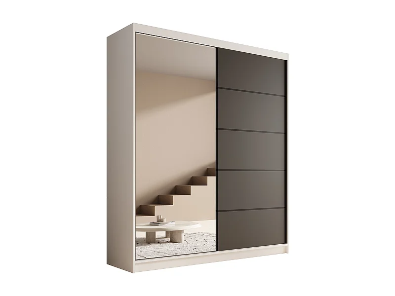 Armario corredero de 2 puertas con espejo KAROW 180 – Mueble de almacenaje moderno-Color Blanco - Negro