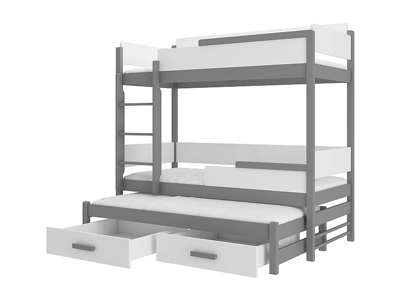 Lit superposé 3 places 90x200 KINZEY - 2 tiroirs de rangement et 3 sommiers-Gris foncé