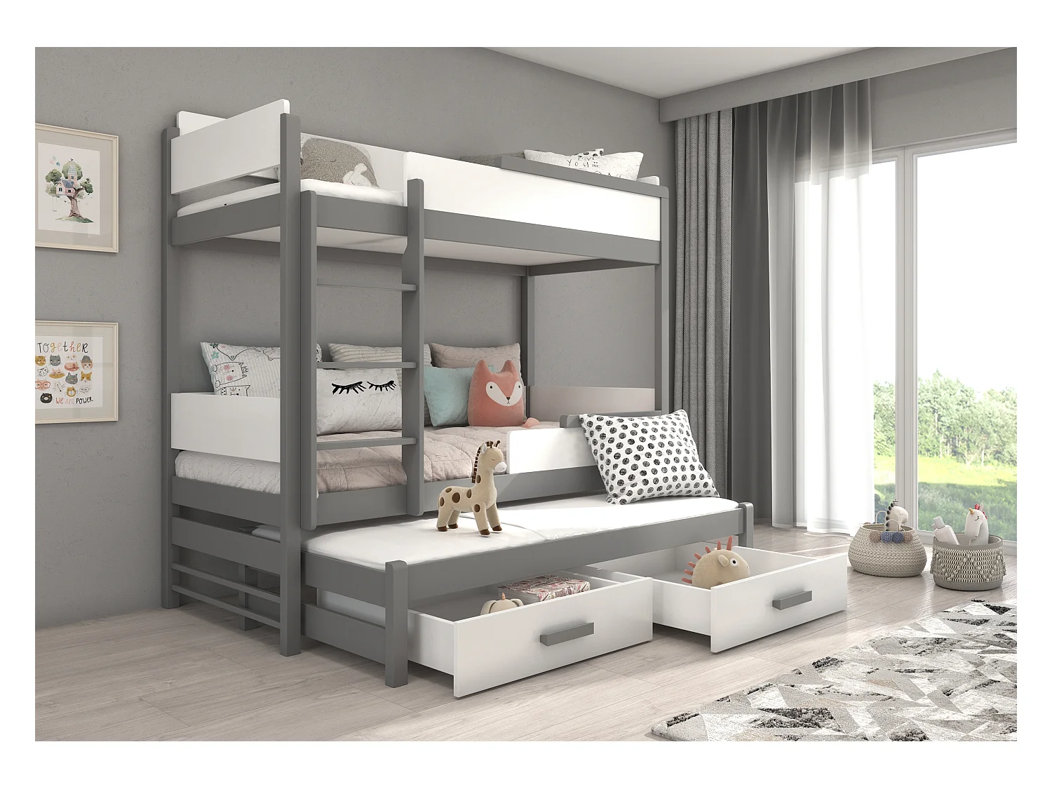 Lit superposé 3 places 90x200 KINZEY - 2 tiroirs de rangement et 3 sommiers-Gris foncé