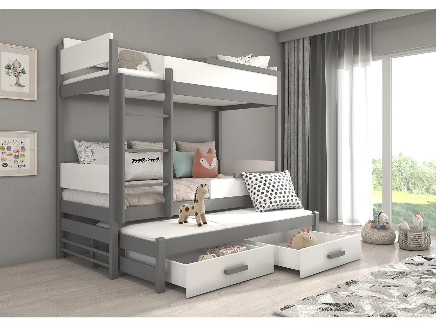 Lit superposé 3 places 90x200 KINZEY - 2 tiroirs de rangement et 3 sommiers-Gris foncé