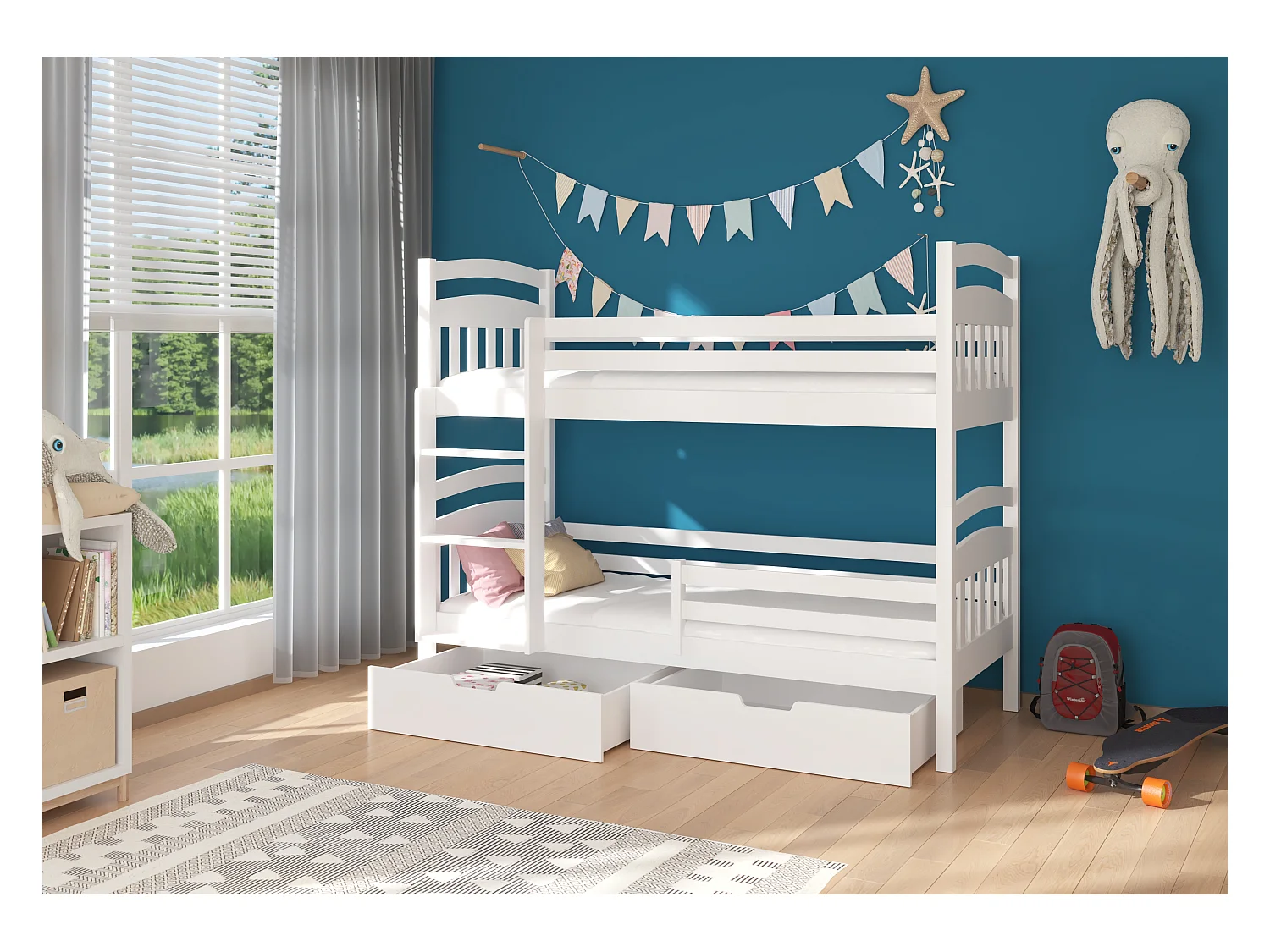 Lit superposé 2 places MADRA– 2 tiroirs de rangement et 2 sommiers-Blanc-80x180