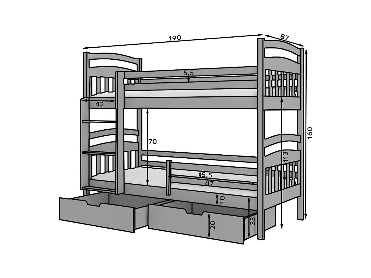 Lit superposé 2 places MADRA– 2 tiroirs de rangement et 2 sommiers-Blanc-80x180
