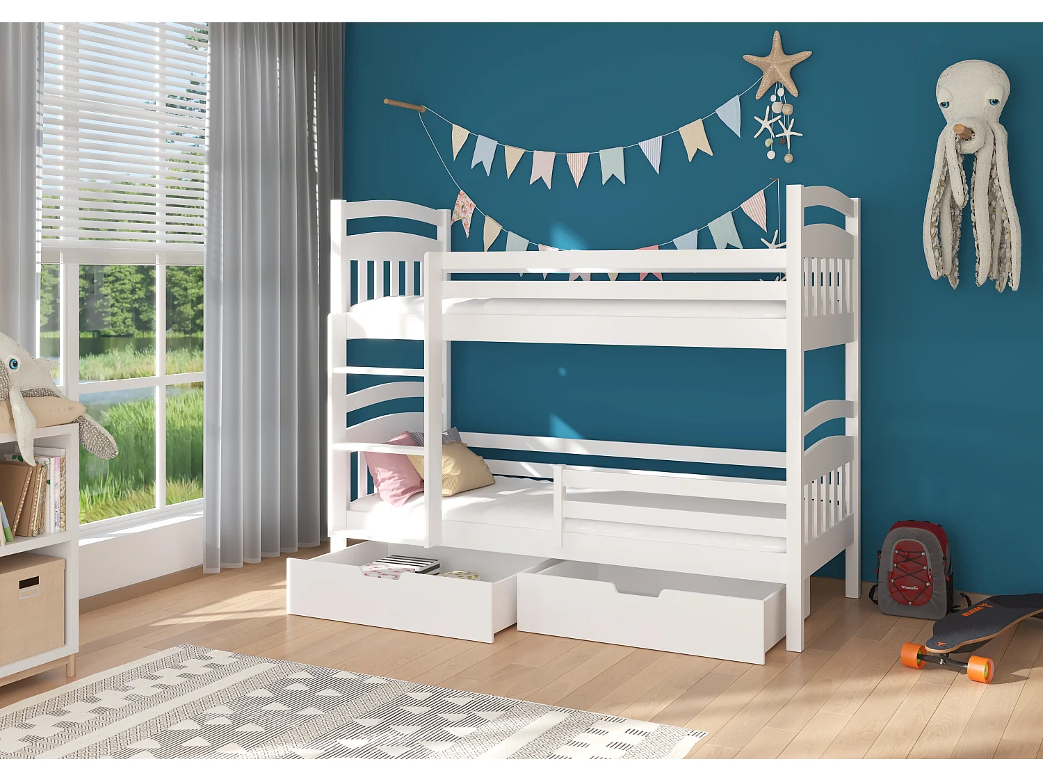 Lit superposé 2 places MADRA– 2 tiroirs de rangement et 2 sommiers-Blanc-80x180