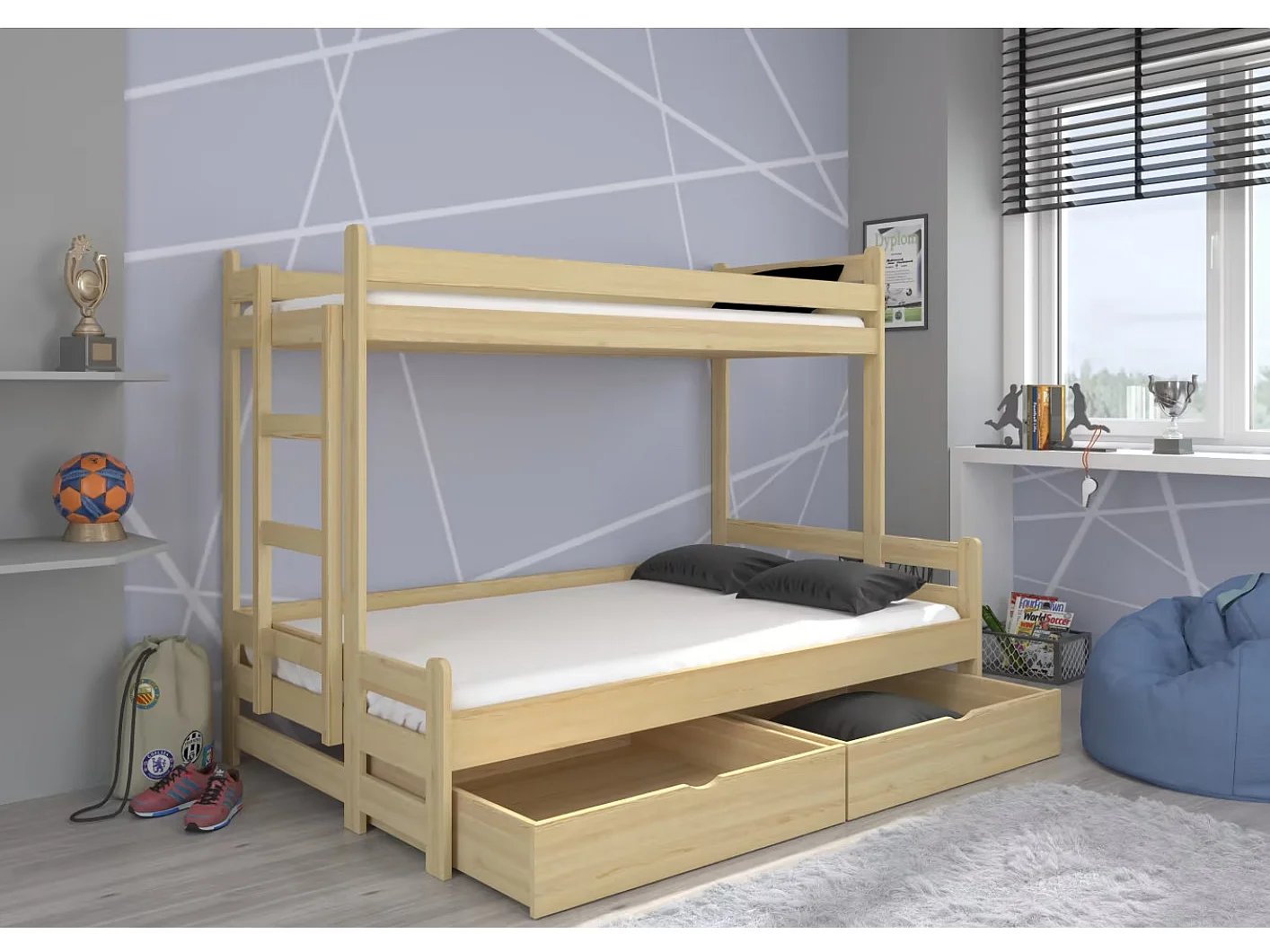 Lit superposé 2 couchages ADOVA 80-90x200 et 120x200 - Avec 2 tiroirs et 2 sommiers-Beige-90x200 et 120x200