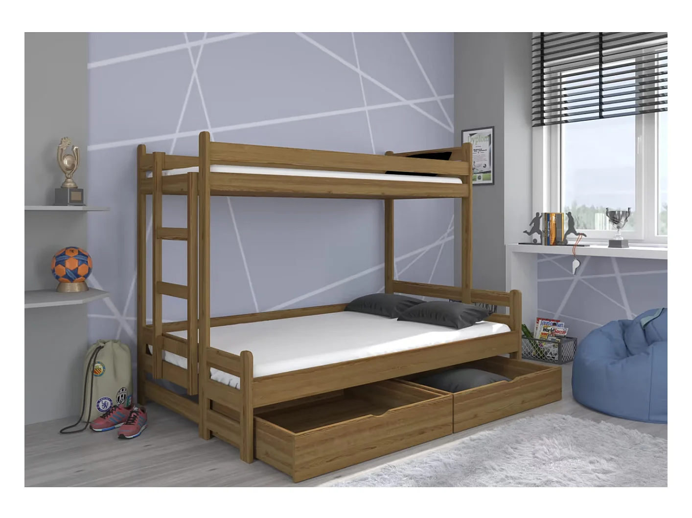 Lit superposé 2 couchages ADOVA 80-90x200 et 120x200 - Avec 2 tiroirs et 2 sommiers-Marron-90x200 et 120x200