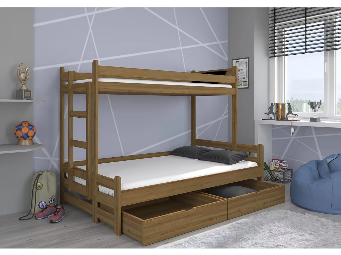 Lit superposé 2 couchages ADOVA 80-90x200 et 120x200 - Avec 2 tiroirs et 2 sommiers-Marron-90x200 et 120x200