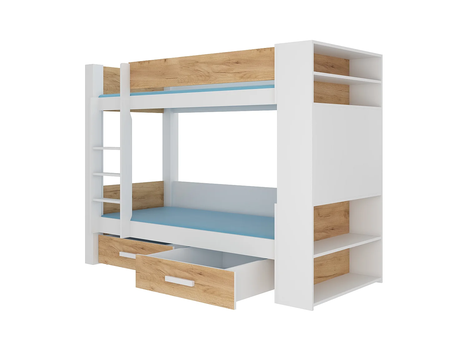 Litera MILA para 2 personas 90x200 cm - Estanterías, cajones y 2 somieres-Color Marrón avellana