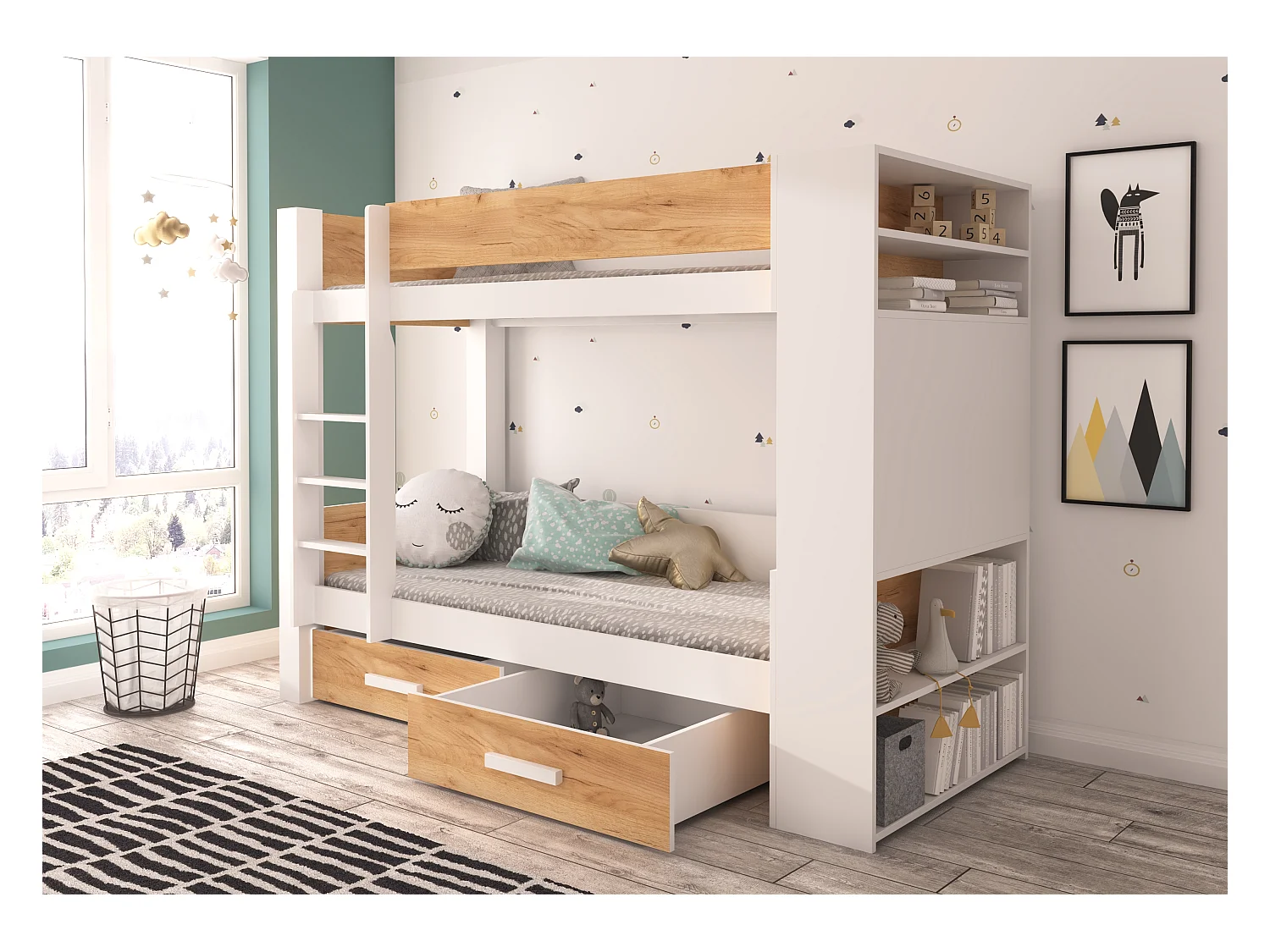 Litera MILA para 2 personas 90x200 cm - Estanterías, cajones y 2 somieres-Color Marrón avellana