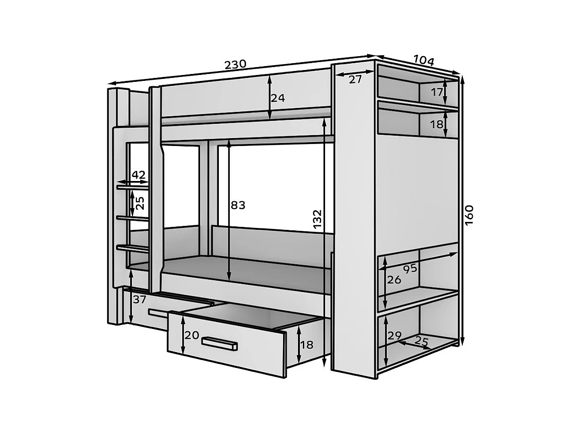 Litera MILA para 2 personas 90x200 cm - Estanterías, cajones y 2 somieres-Color Marrón avellana