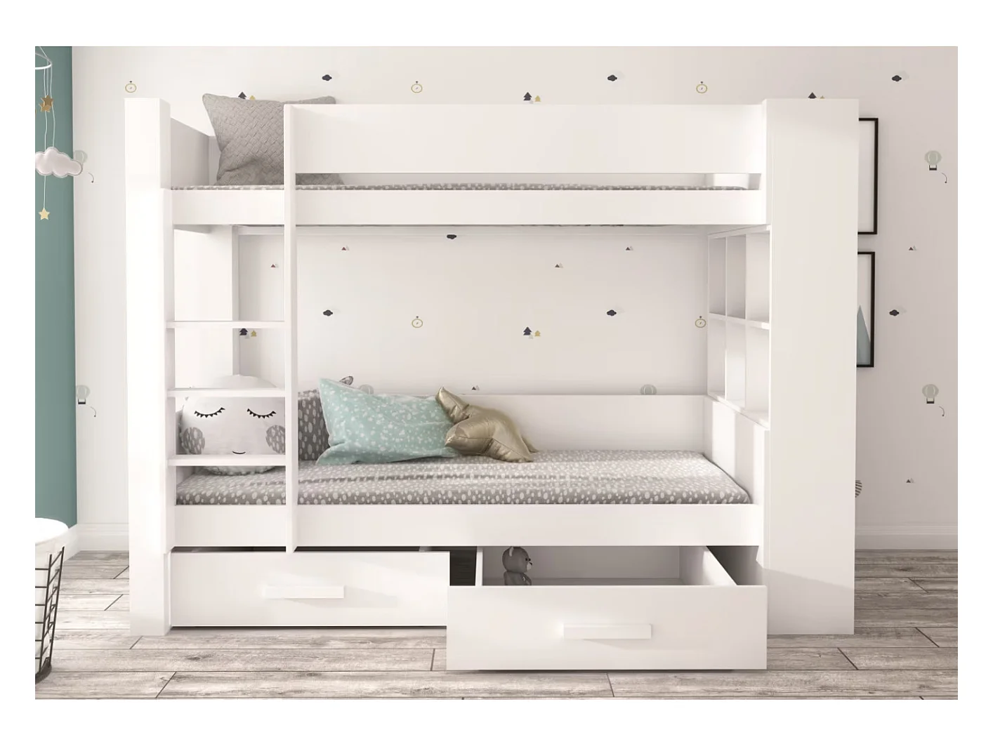 Litera MILA para 2 personas 90x200 cm - Estanterías, cajones y 2 somieres-Color Marrón avellana