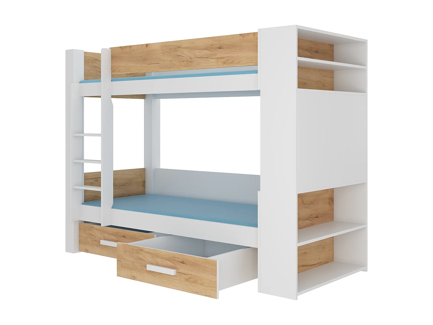 Litera MILA para 2 personas 90x200 cm - Estanterías, cajones y 2 somieres-Color Marrón avellana