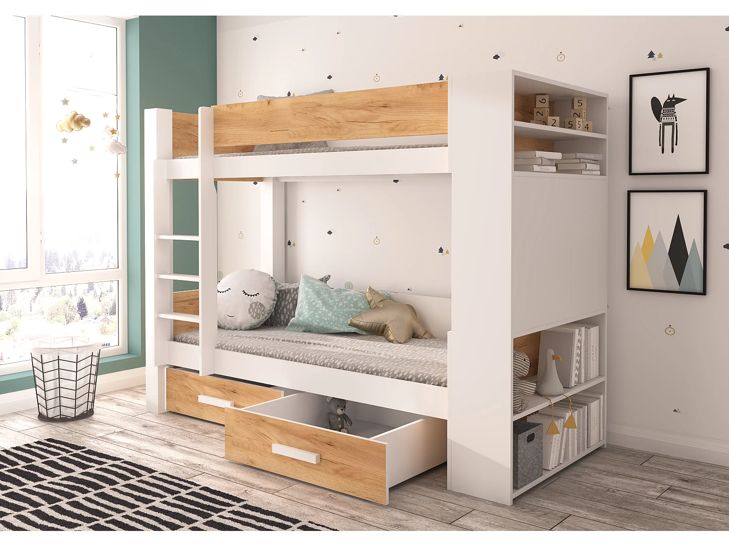 Litera MILA para 2 personas 90x200 cm - Estanterías, cajones y 2 somieres-Color Marrón avellana