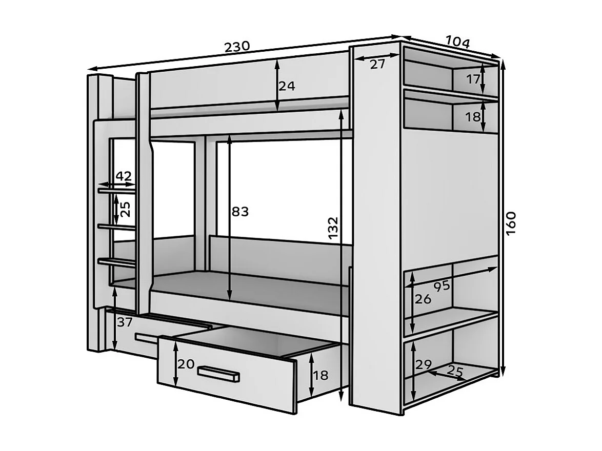 Litera MILA para 2 personas 90x200 cm - Estanterías, cajones y 2 somieres-Color Marrón avellana