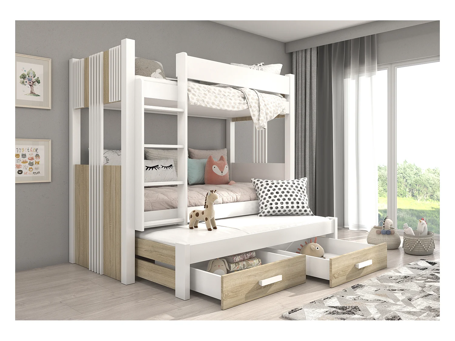 Lit superposé 3 places 90x200 ARKO - 2 tiroirs de rangement et 3 sommiers-Taupe