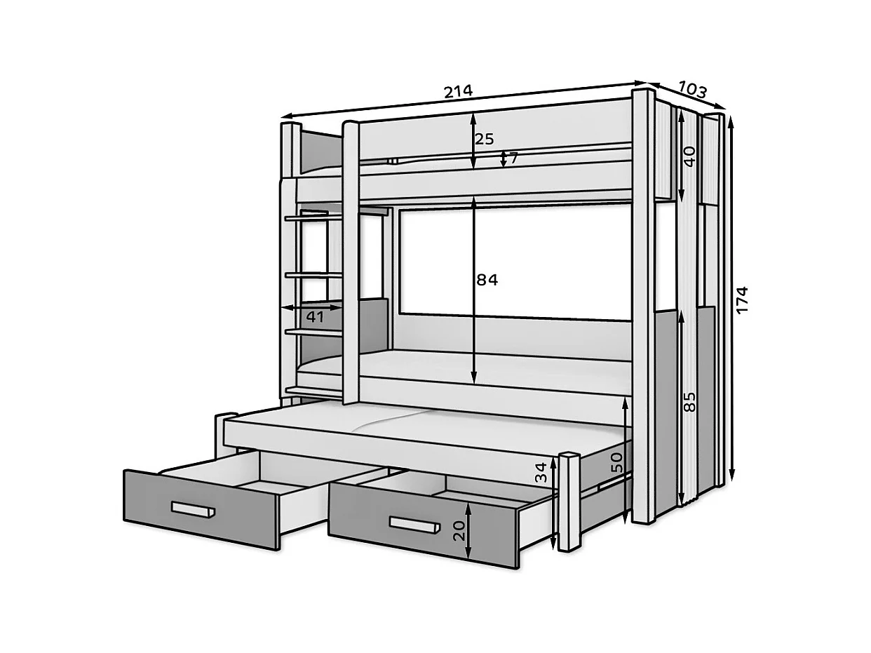 Lit superposé 3 places 90x200 ARKO - 2 tiroirs de rangement et 3 sommiers-Taupe