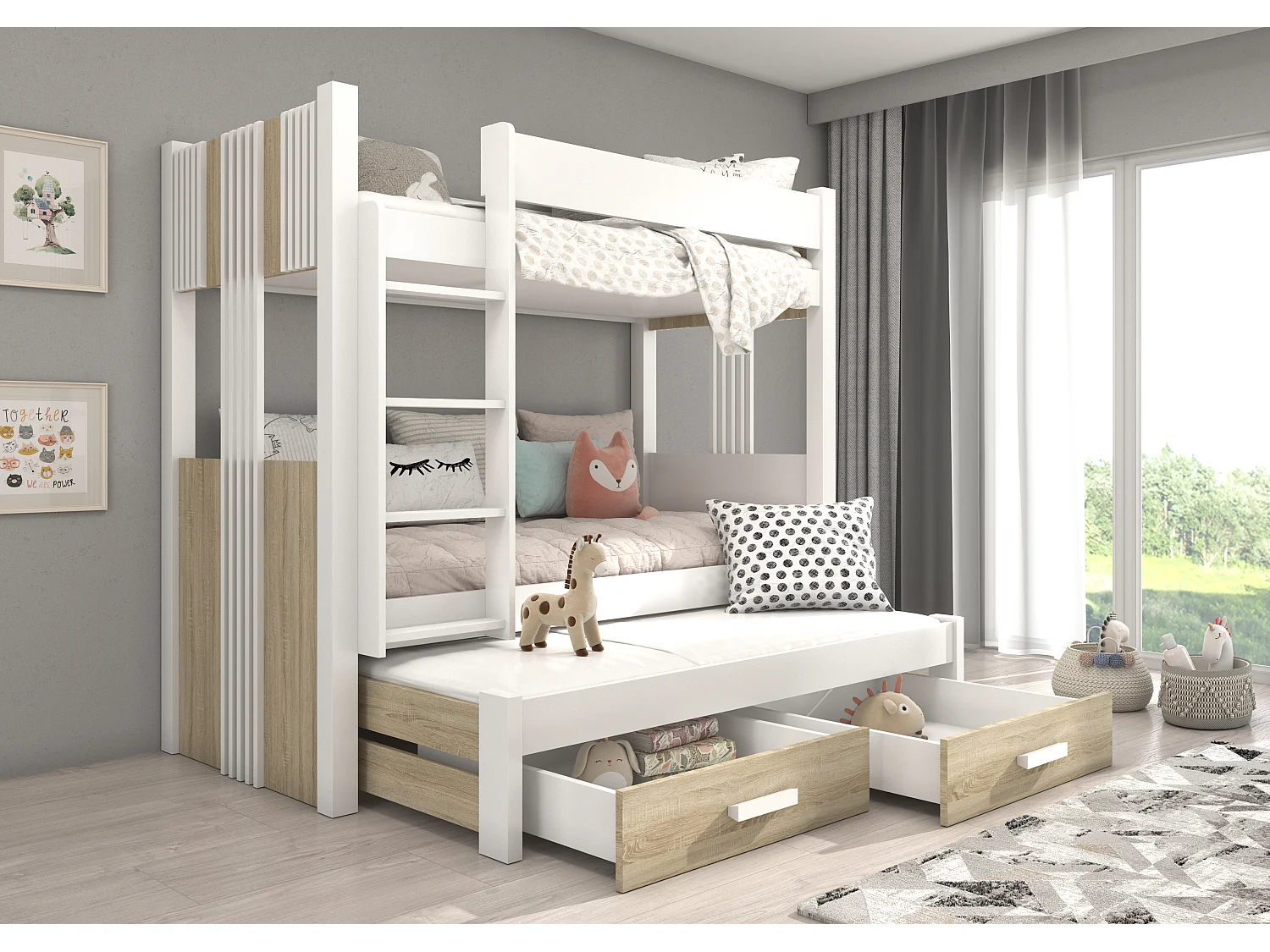 Lit superposé 3 places 90x200 ARKO - 2 tiroirs de rangement et 3 sommiers-Taupe