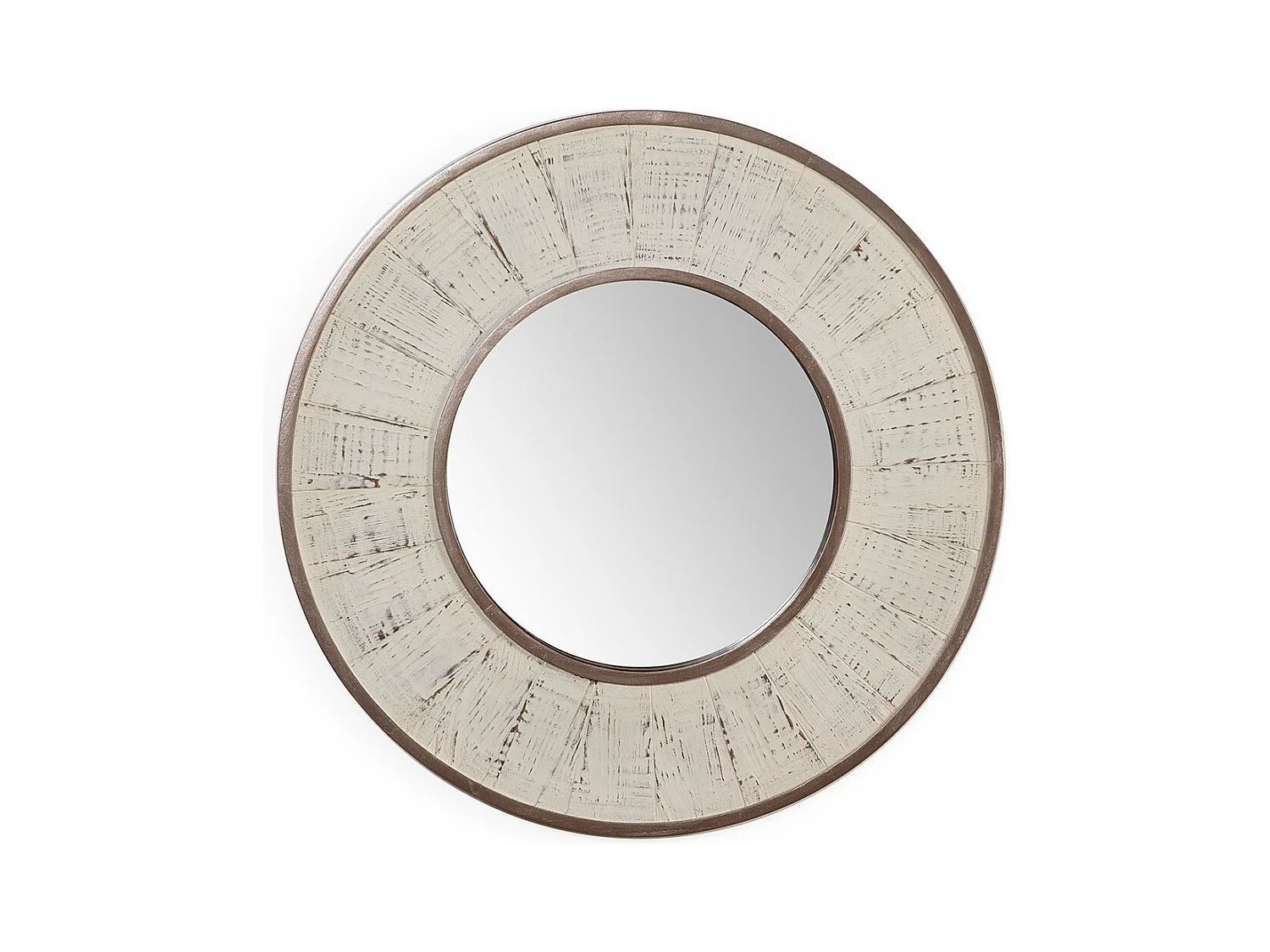 Miroir mural rond en bois blanc antique TANUZ – Ø 80cm