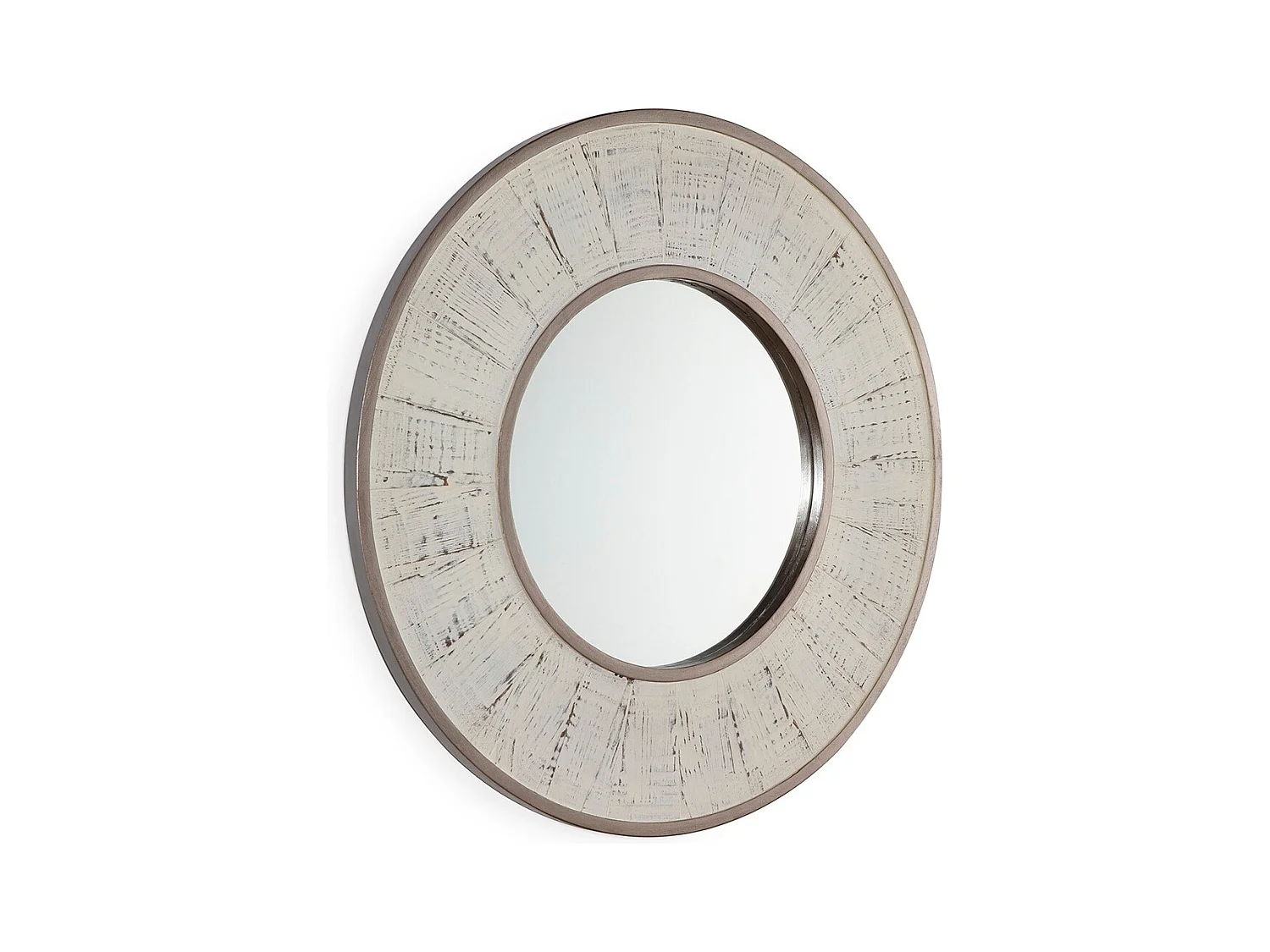 Miroir mural rond en bois blanc antique TANUZ – Ø 80cm