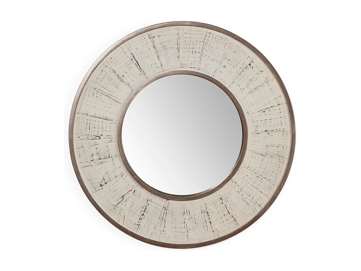 Miroir mural rond en bois blanc antique TANUZ – Ø 80cm