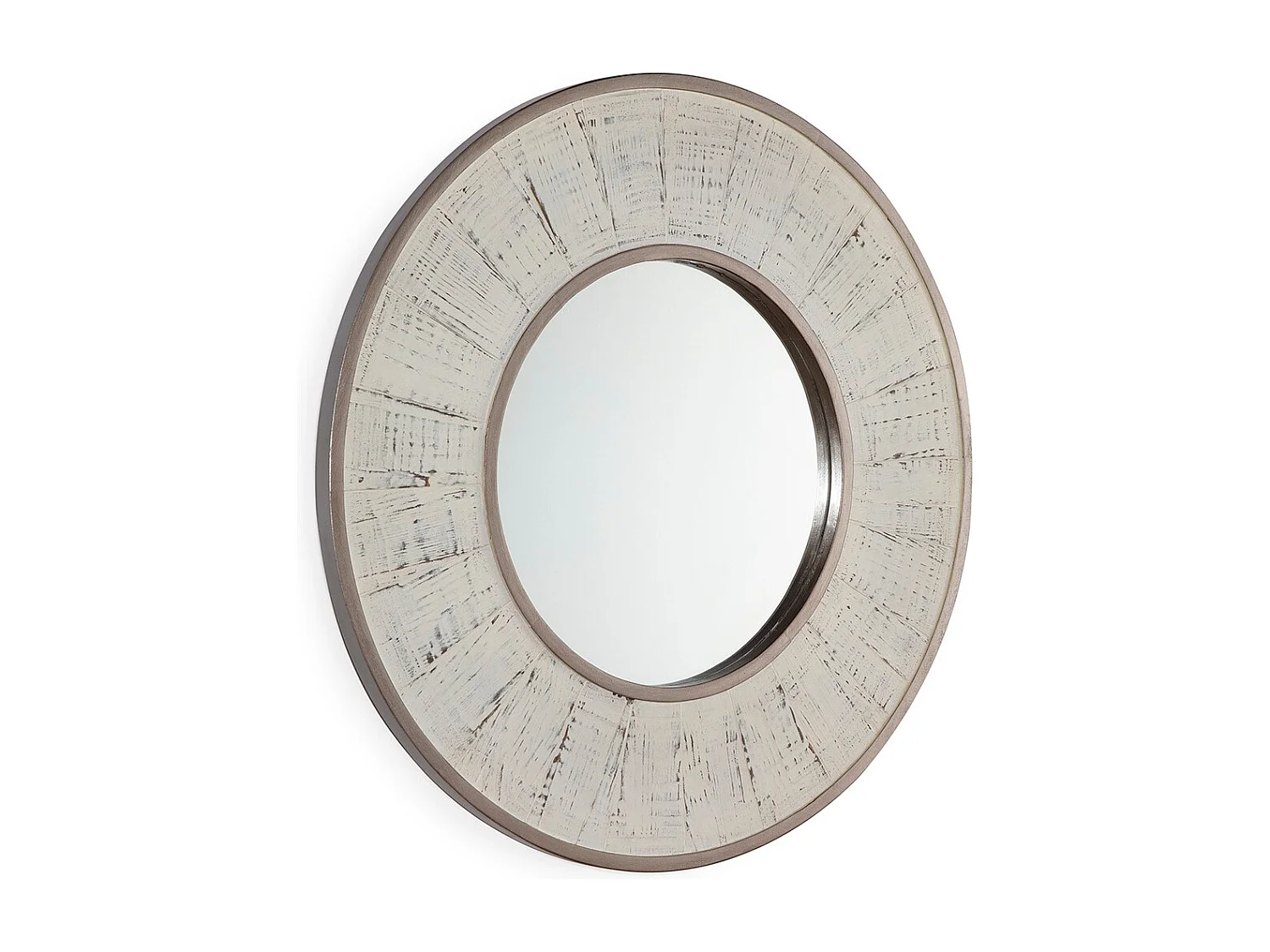 Miroir mural rond en bois blanc antique TANUZ – Ø 80cm