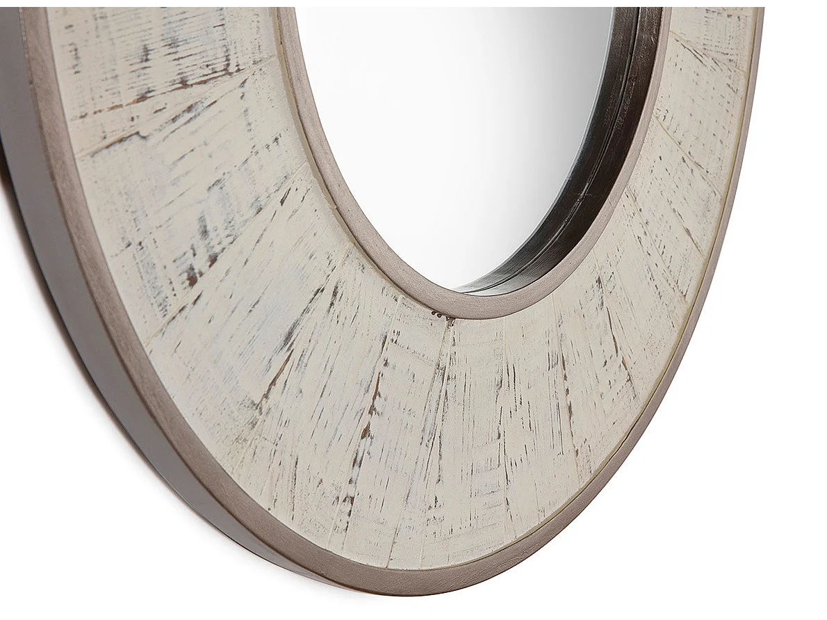 Miroir mural rond en bois blanc antique TANUZ – Ø 80cm