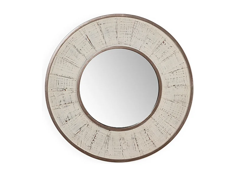Miroir mural rond en bois blanc antique TANUZ – Ø 80cm