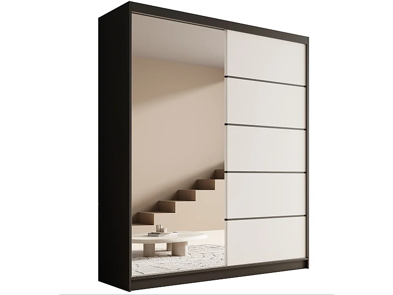 Armoire coulissante 2 portes KAROW 180 avec miroir – Meuble de rangement moderne-Noir/Blanc