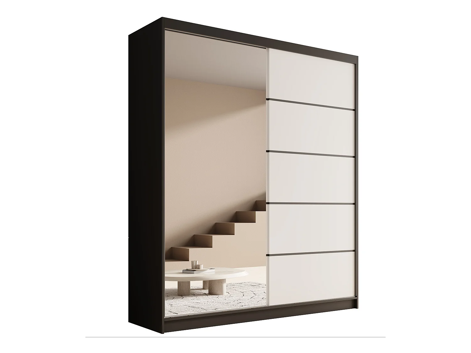 Armario corredero de 2 puertas con espejo KAROW 180 – Mueble de almacenaje moderno-Color Blanco y negro