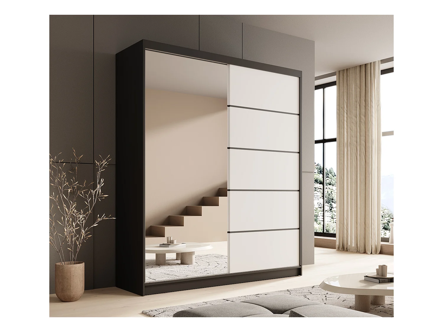 Armario corredero de 2 puertas con espejo KAROW 180 – Mueble de almacenaje moderno-Color Blanco y negro