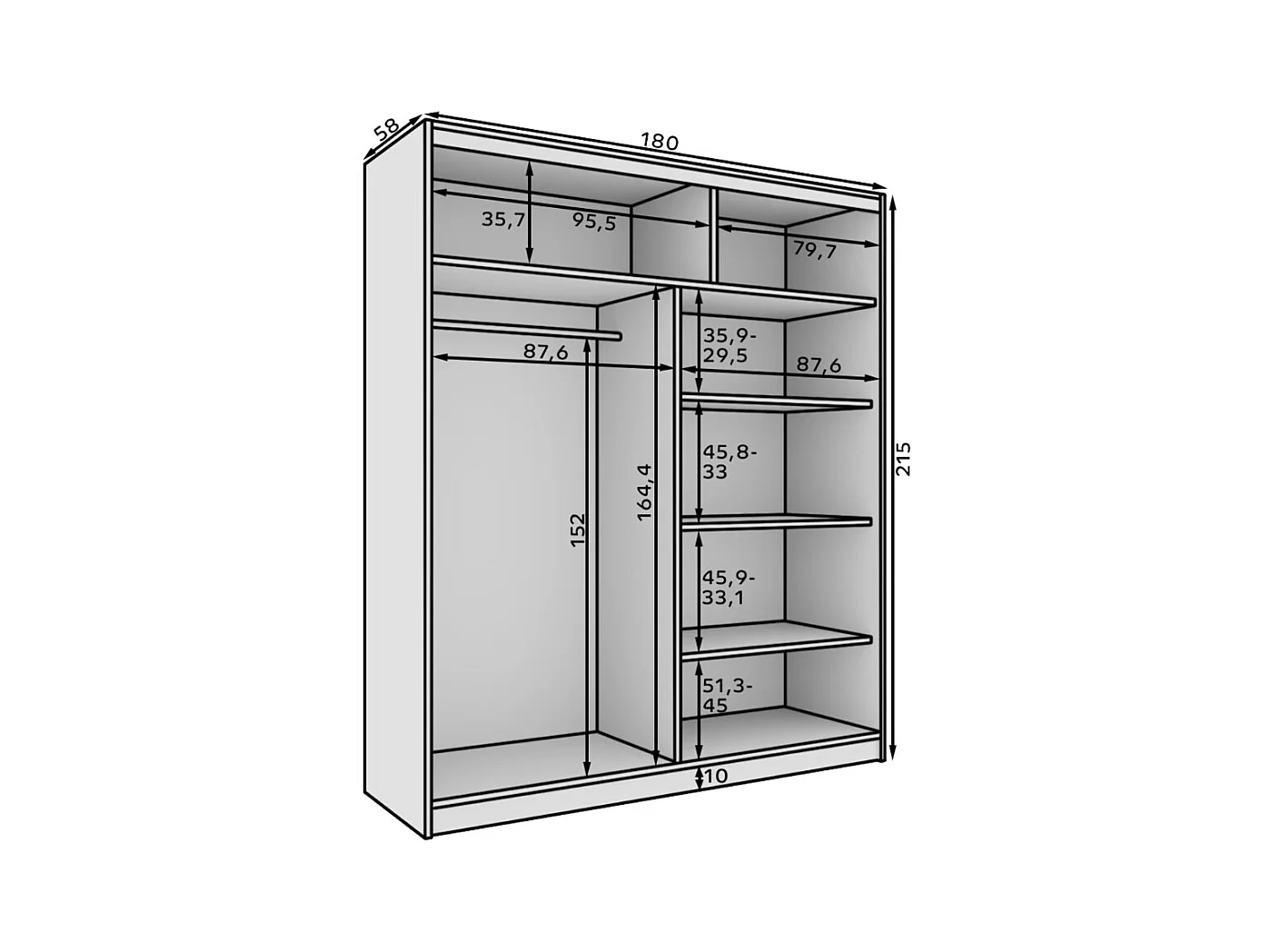 Armario corredero de 2 puertas con espejo KAROW 180 – Mueble de almacenaje moderno-Color Blanco y negro