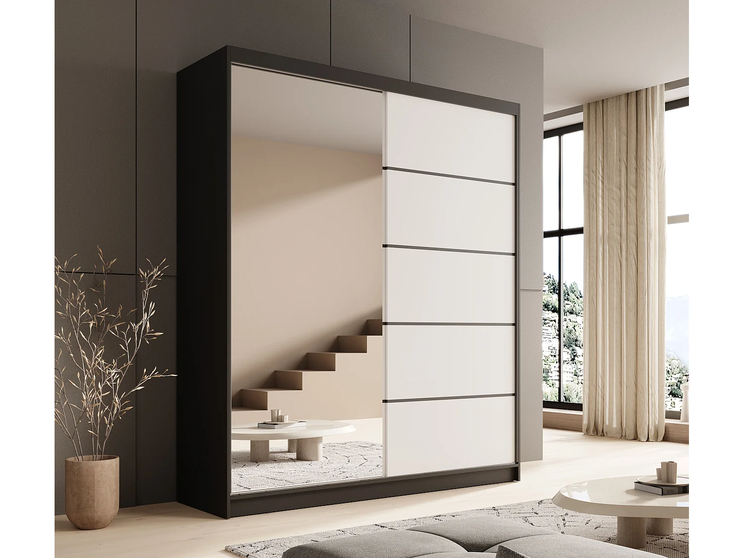 Armario corredero de 2 puertas con espejo KAROW 180 – Mueble de almacenaje moderno-Color Blanco y negro