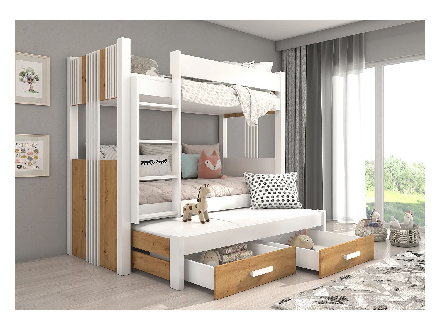 Lit superposé 3 places 90x200 ARKO - 2 tiroirs de rangement et 3 sommiers-Marron