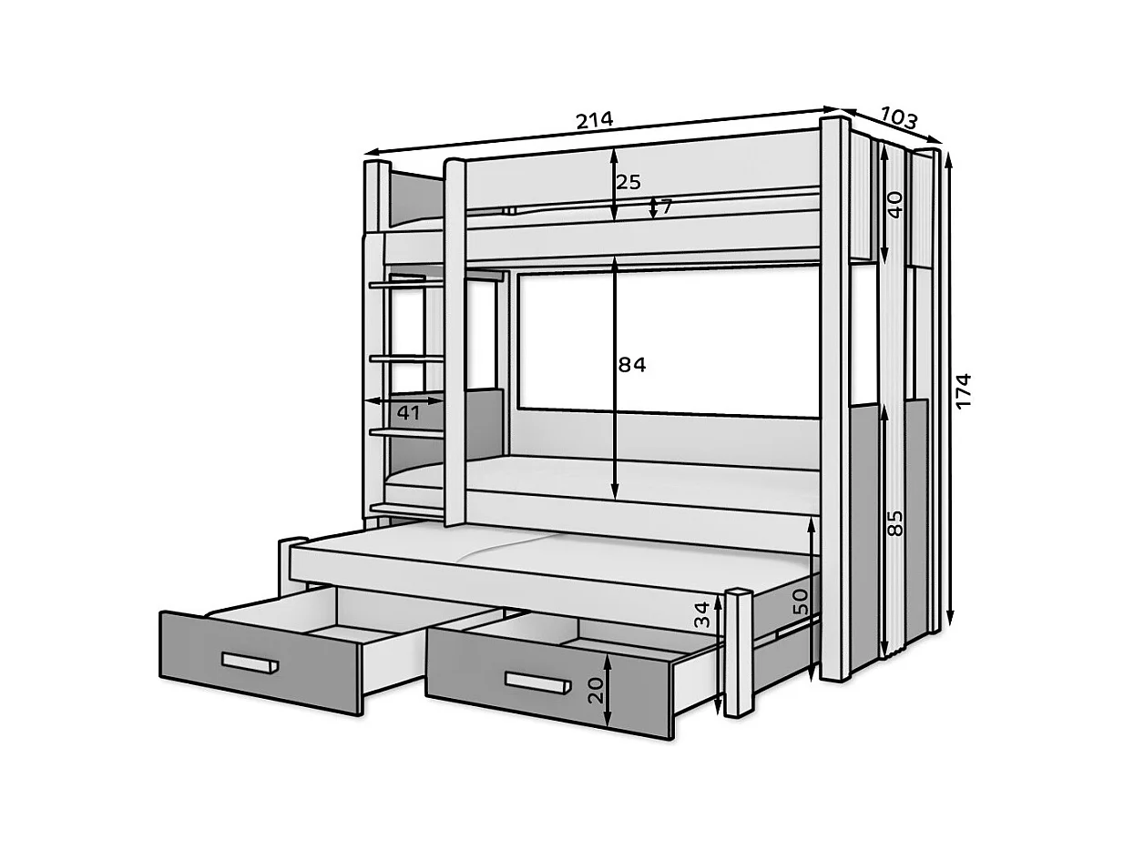Lit superposé 3 places 90x200 ARKO - 2 tiroirs de rangement et 3 sommiers-Marron