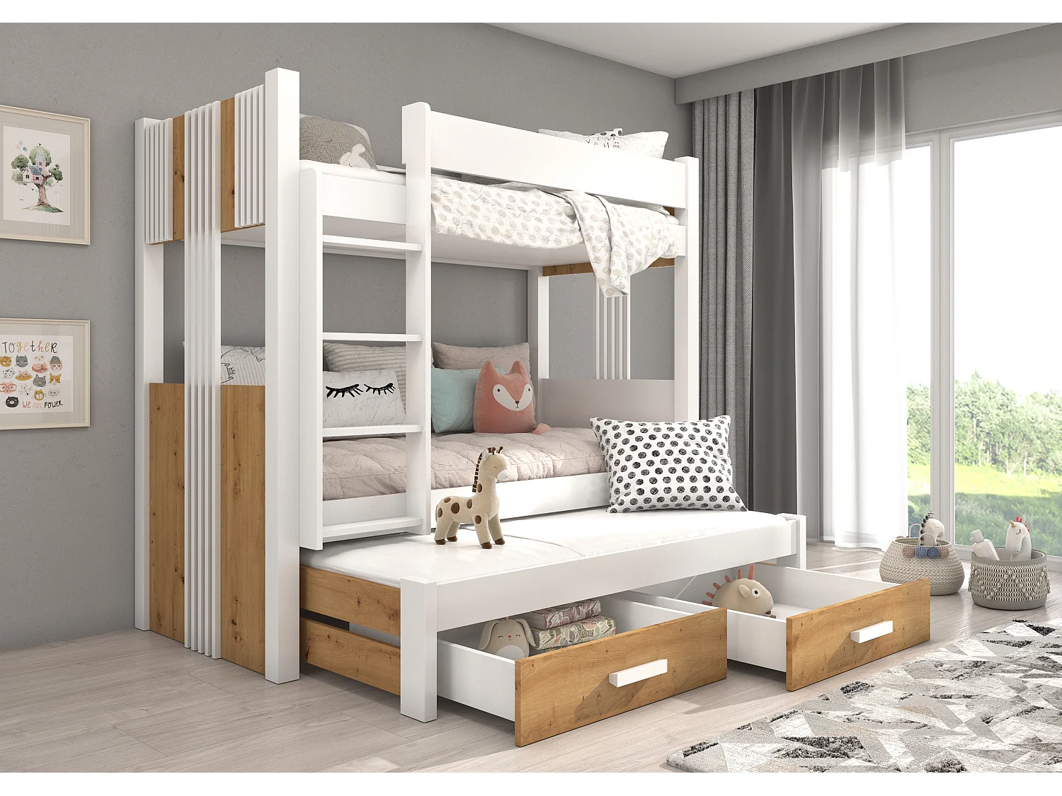 Lit superposé 3 places 90x200 ARKO - 2 tiroirs de rangement et 3 sommiers-Marron