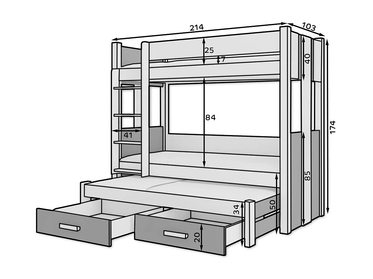 Lit superposé 3 places 90x200 ARKO - 2 tiroirs de rangement et 3 sommiers-Marron