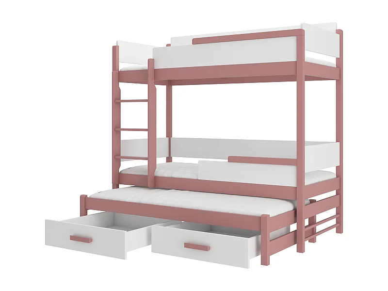 Lit superposé 3 places 90x200 KINZEY - 2 tiroirs de rangement et 3 sommiers-Rose